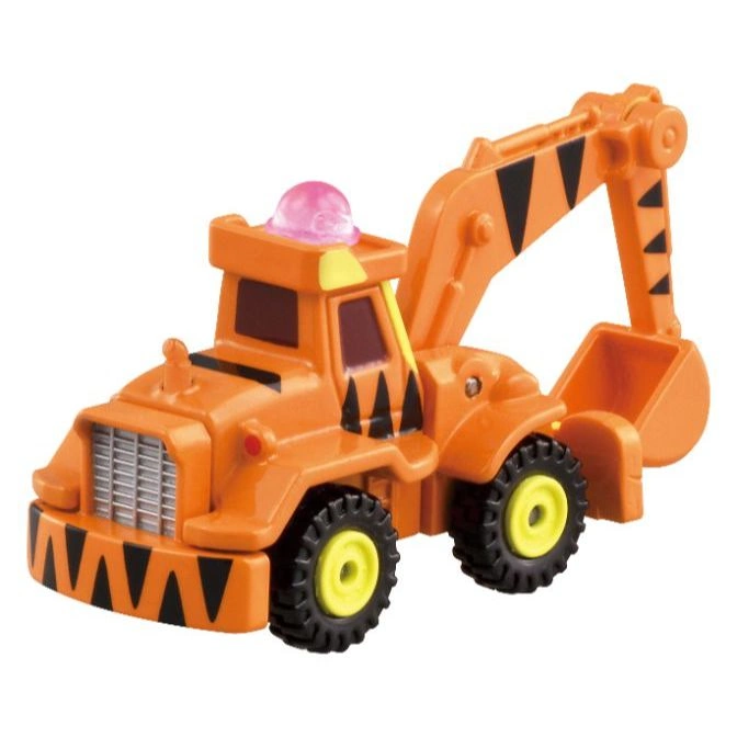  Orange toy excavator with black stripes and a pink dome light.