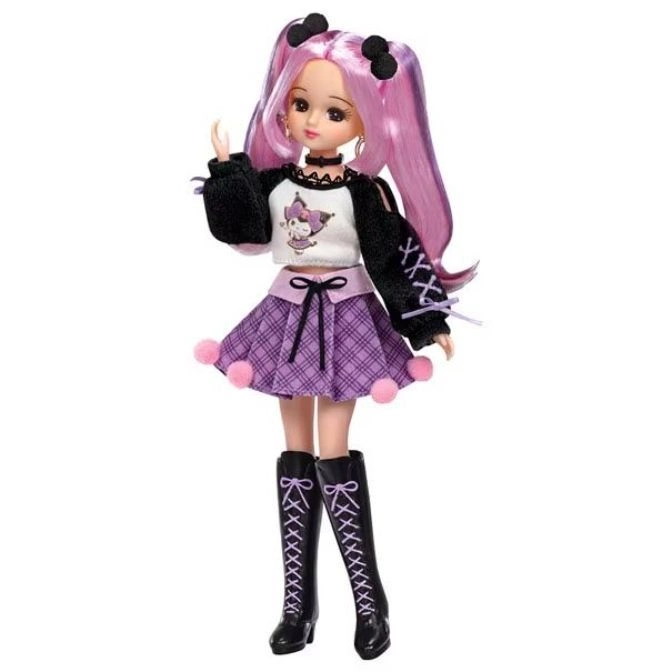 Fashion doll with pink hair, plaid skirt, and lace-up boots, striking a pose.