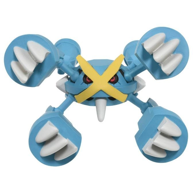  Blue Metagross toy with yellow X-shaped face and white claws on each of its four limbs.