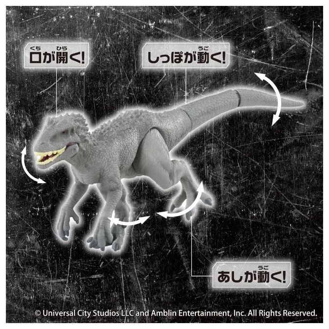  Grey dinosaur toy with moving mouth, tail, and legs, as indicated by arrows and Japanese text.