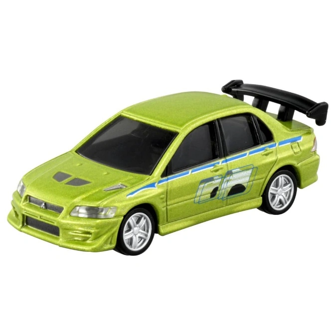 Green toy Mitsubishi Lancer Evolution with blue stripes and black spoiler.