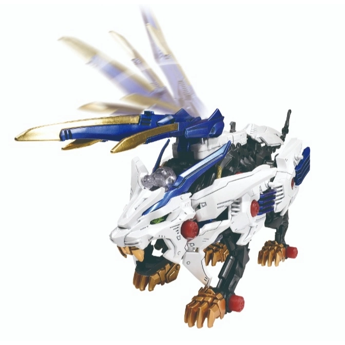  White Zoids Liger toy with blue and gold accents, wings in motion.