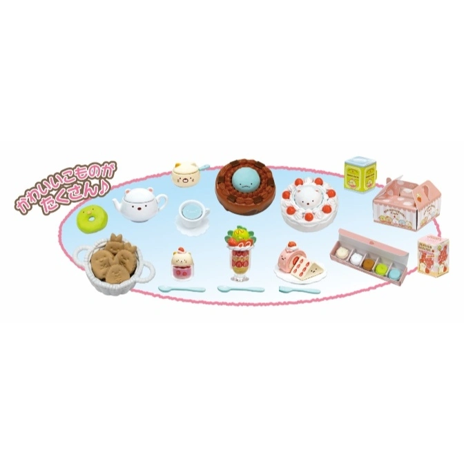  Sumikko Gurashi dessert toy set with cakes, cookies, tea set, parfaits, and boxed sweets.