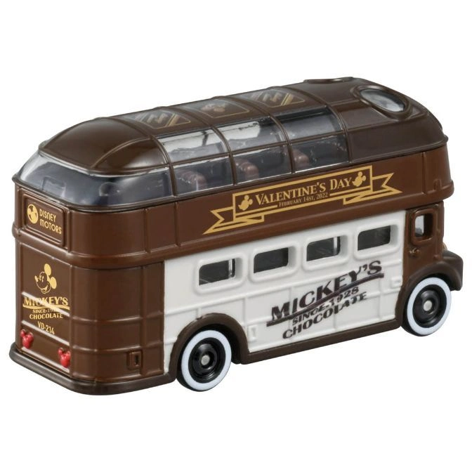  Disney Motors Mickey's Chocolate Valentine's Day bus toy car, brown and white.