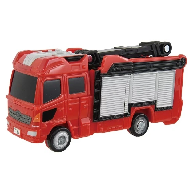  Red toy fire truck with extendable ladder and silver roll-up doors.