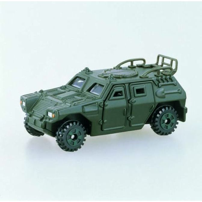 Olive green toy armored vehicle with detailed wheels and roof rack.