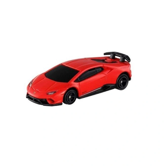 Red toy Lamborghini Huracan with black wheels and spoiler.