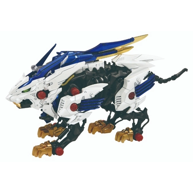  White and blue Zoids Liger toy with gold accents in a dynamic pose.