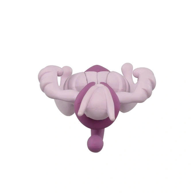  Purple and white plush toy with muscular arms and a bulbous head.