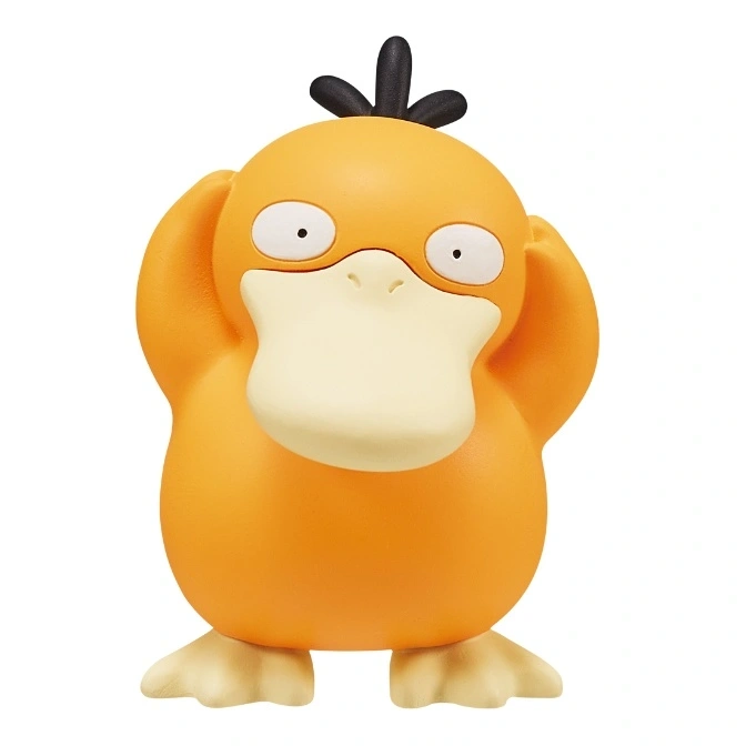 Psyduck toy with hands on head, yellow body, cream bill and feet, and black hair tuft.