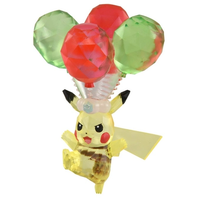 Crystal Pikachu figure holding gem-like balloons, one leg raised.