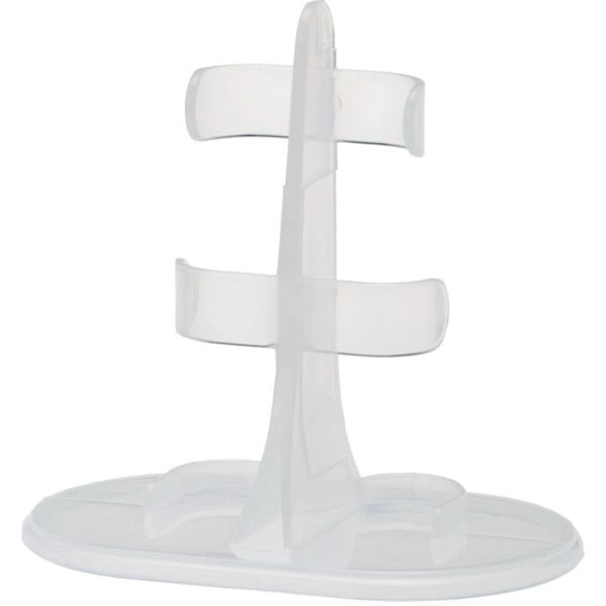 Clear plastic baby bottle drying rack with two tiers and a circular base.