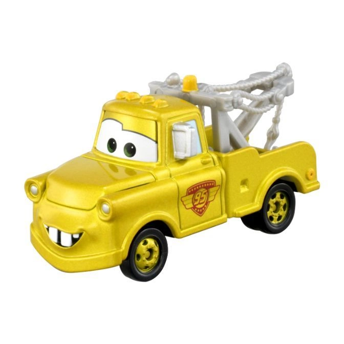 Yellow toy tow truck with a tow hook and the number 95 on the side.