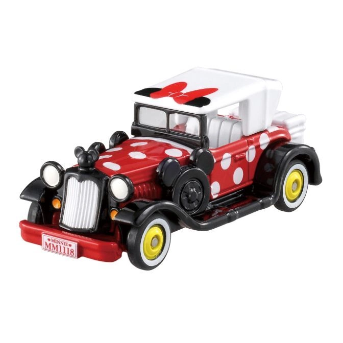Minnie Mouse vintage toy car, red with white polka dots and a red bow on the roof.