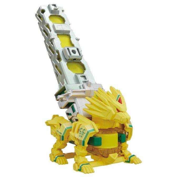  Yellow lion toy with a gray tower on its back. "C.C. Leon DX" is printed on its side.