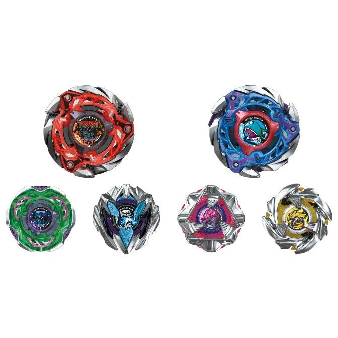 Six Beyblade tops in various colors: red, blue, green, silver, pink, and gold.
