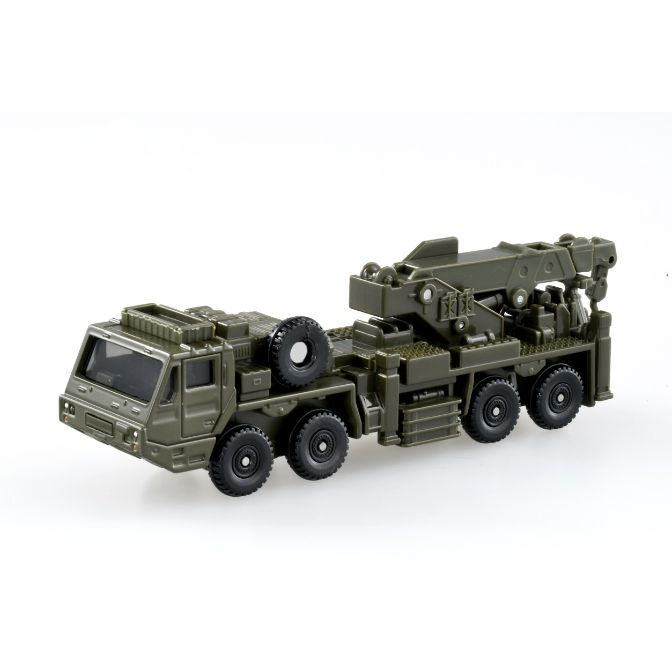Olive green toy crane truck with six wheels and a spare tire.