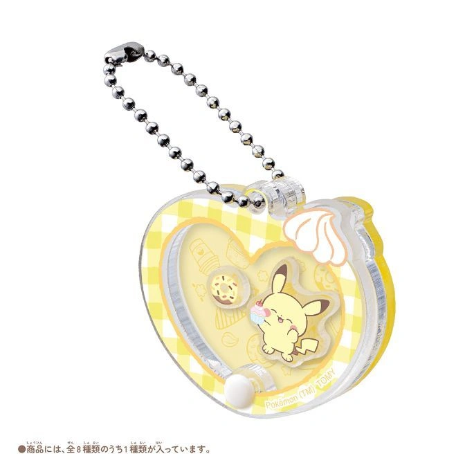 Pikachu heart-shaped keychain with dessert theme and ball chain.