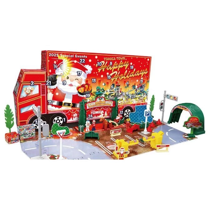 Tomica Town advent calendar toy set with truck, Santa, road, and accessories.
