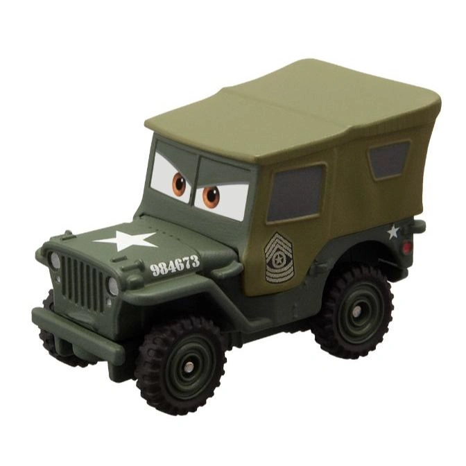 Olive green toy military jeep with cartoon eyes, a white star, and the number 984673.