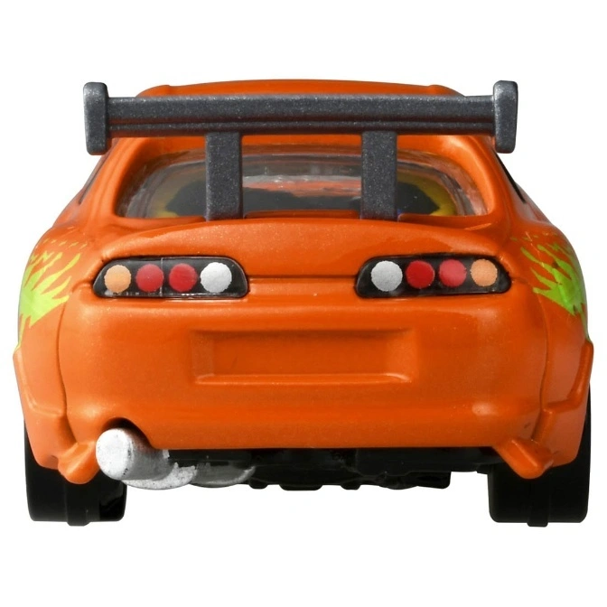  Orange toy Supra with a large spoiler and custom tail lights, rear view.