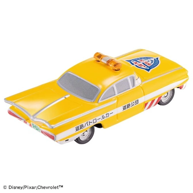  Yellow toy patrol car with light bar and Japanese text.