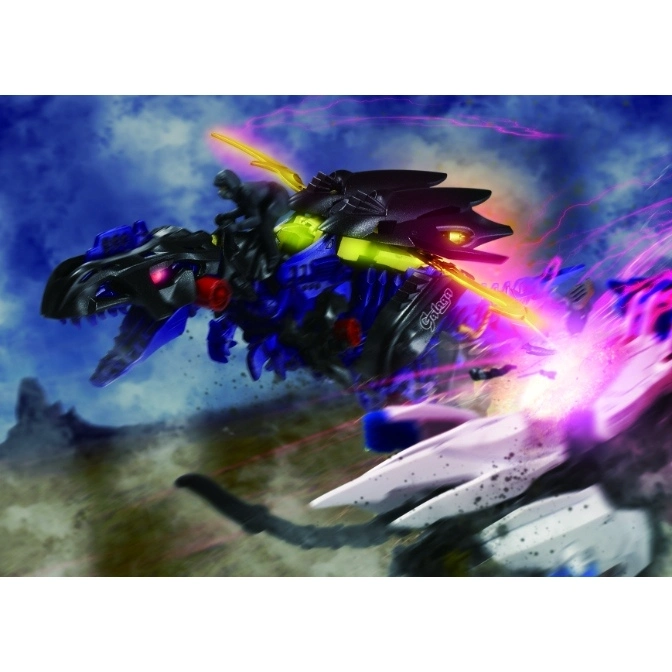  Black and blue dinosaur robot toy with a rider, firing a beam of energy.