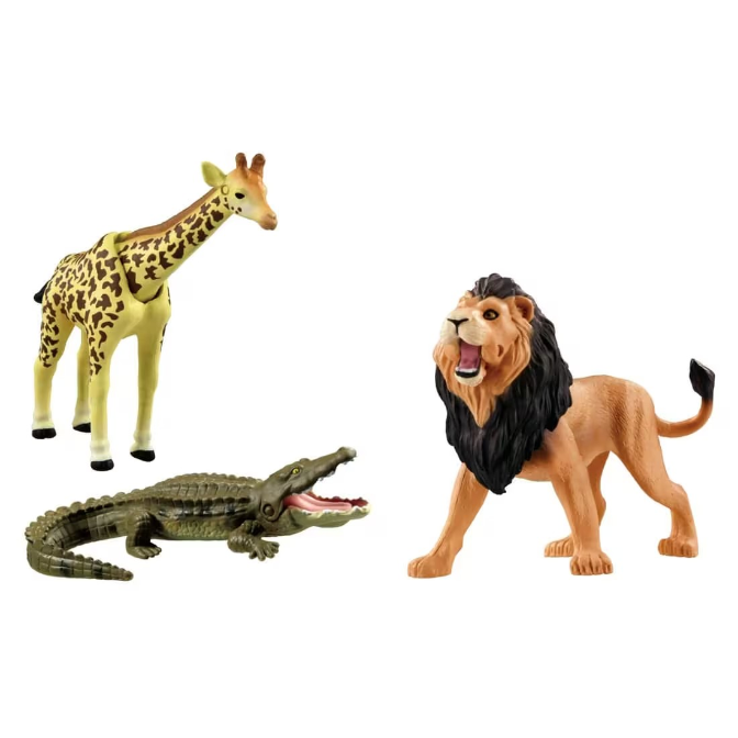 Toy set with a giraffe, crocodile with open mouth, and roaring lion.