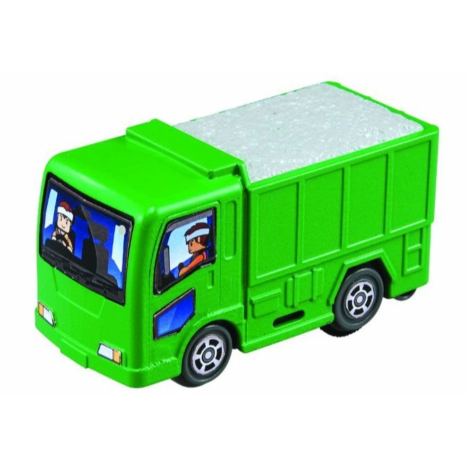  Green toy truck with cartoon drivers and a textured white load.