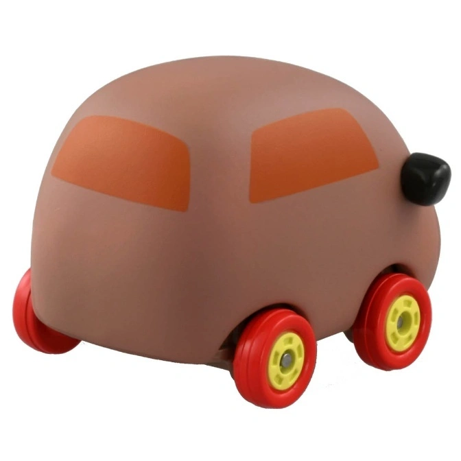  Brown toy car with red wheels and orange windows.