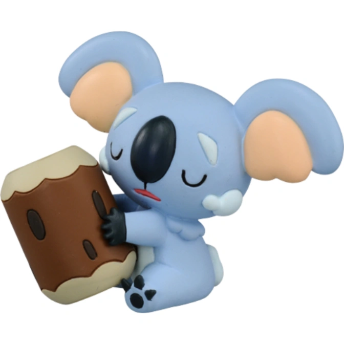 Blue koala toy hugging a brown log with eyes closed.