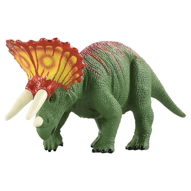  Green toy Triceratops with red frill trim and yellow frill.