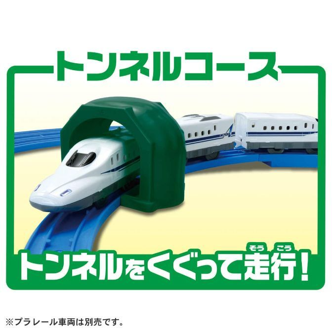  A toy train set with a white bullet train going through a green tunnel.