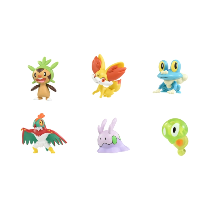 Six Pokémon toy figures: Chespin, Fennekin, Froakie, Hawlucha, Goomy, and Dedenne.