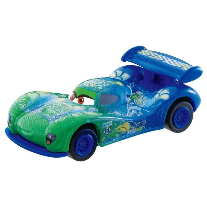 Green and blue toy race car with floral designs and a spoiler.