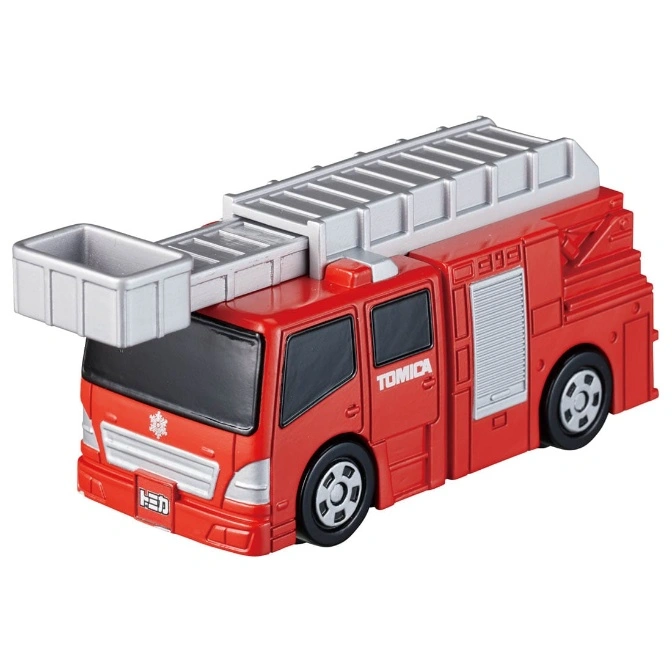  Red Tomica toy fire engine with silver ladder and basket.