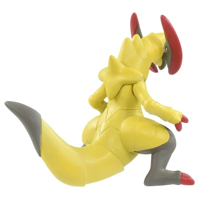  Yellow and grey toy Haxorus figure with red accents, posed in a crouch.