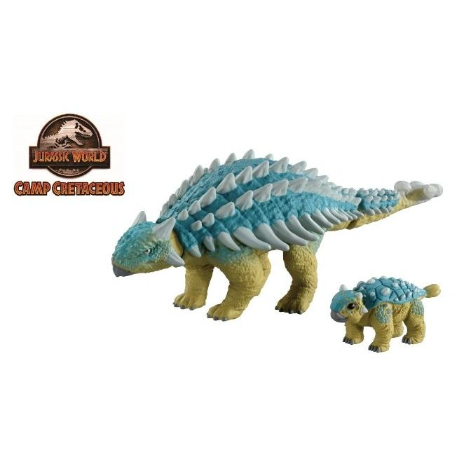 Jurassic World Ankylosaurus toy with baby. Blue armored dinosaur with yellow legs.