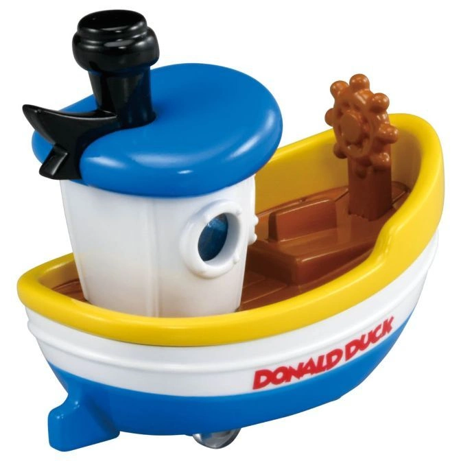 Donald Duck toy boat with blue, white, and yellow details, featuring a steering wheel.