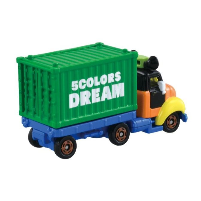  Toy truck with green container labeled "5COLORS DREAM", blue chassis, and orange/yellow cab.