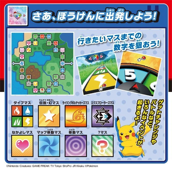  Pokémon board game featuring a map, dice spinner, and Pikachu, with various event spaces.