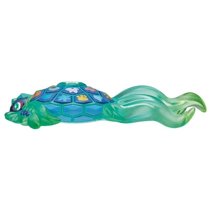  Green turtle toy with patterned shell and flowing tail.