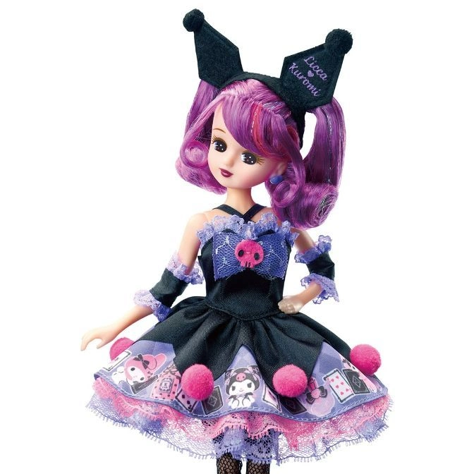  Kuromi Licca doll with purple hair, black dress, and Kuromi headband.