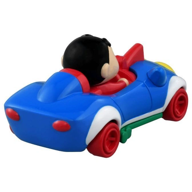  Cartoon toy car with a Shin-chan figure driving. Blue body, red wheels, and white trim.
