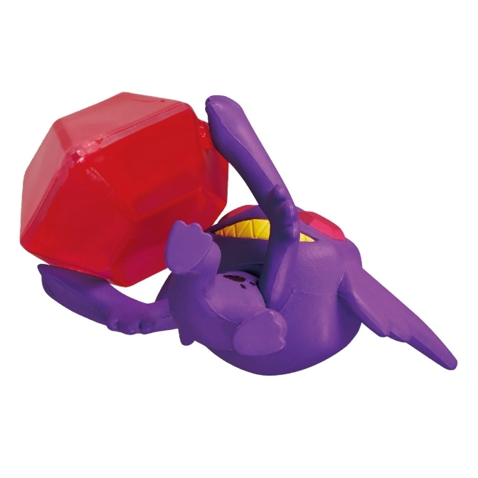  Purple Gengar toy lying down, holding a large red gem with its foot.
