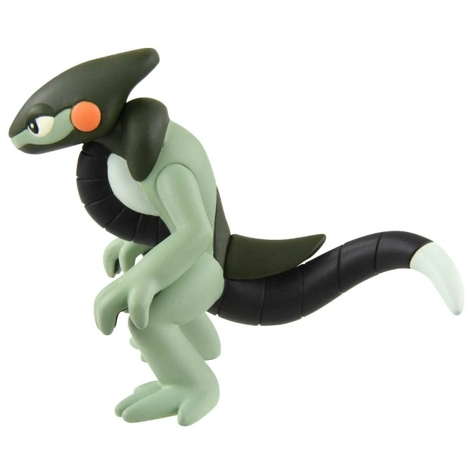  A toy figure of a Sceptile Pokémon, green with a black tail and orange cheek spots.