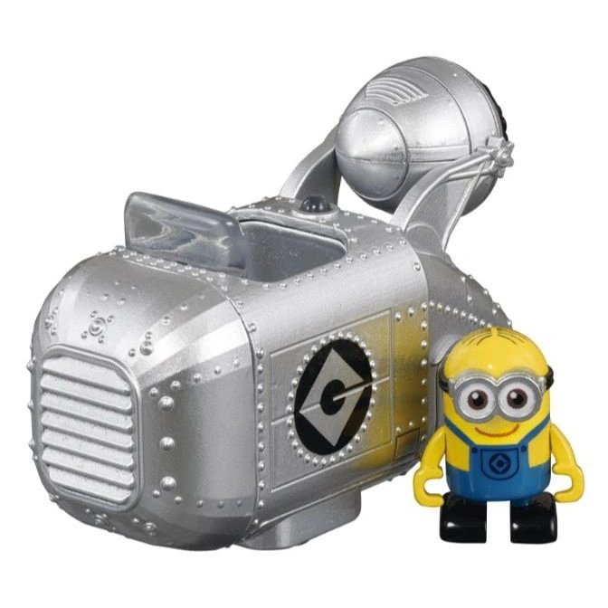  Minion toy with silver vehicle. The minion is yellow and blue with goggles.