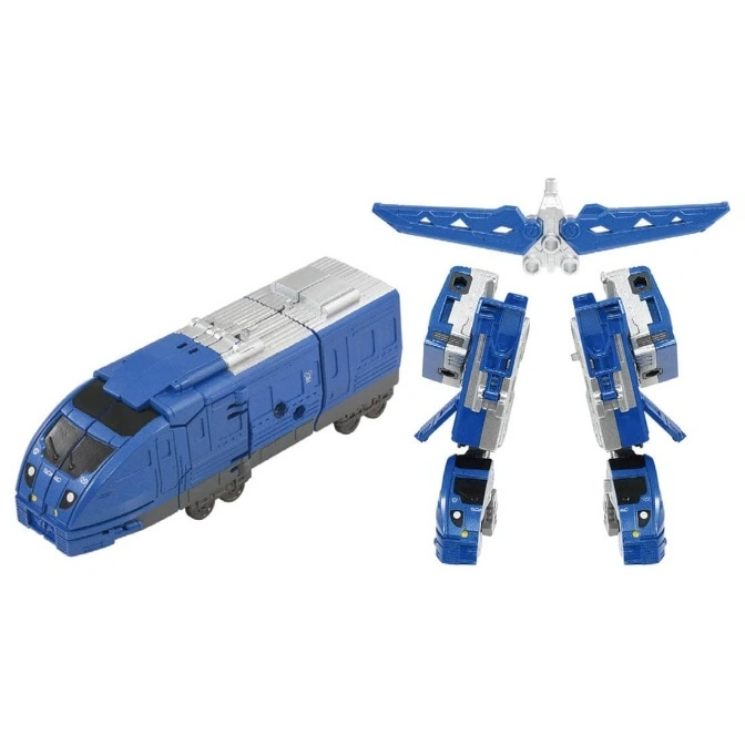  Blue toy train transformer with wings and legs detached, ready to transform.