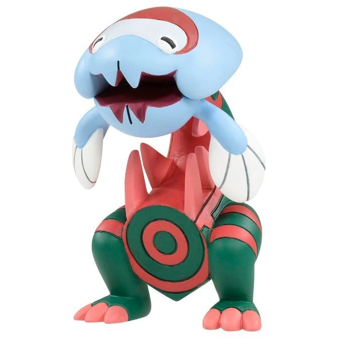 Green and red toy with a blue head and white hands, standing upright.
