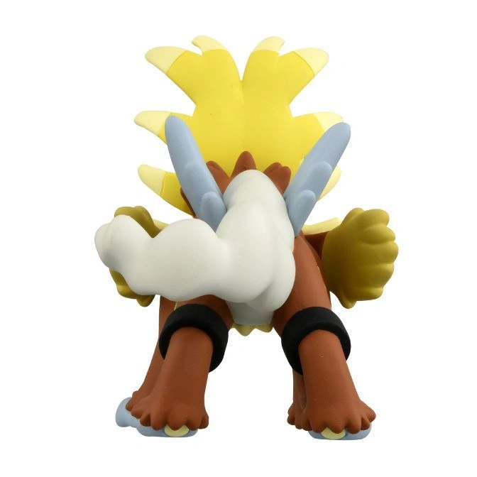  Entei toy figure, rear view. Yellow mane, brown body, and white cloud-like tail.